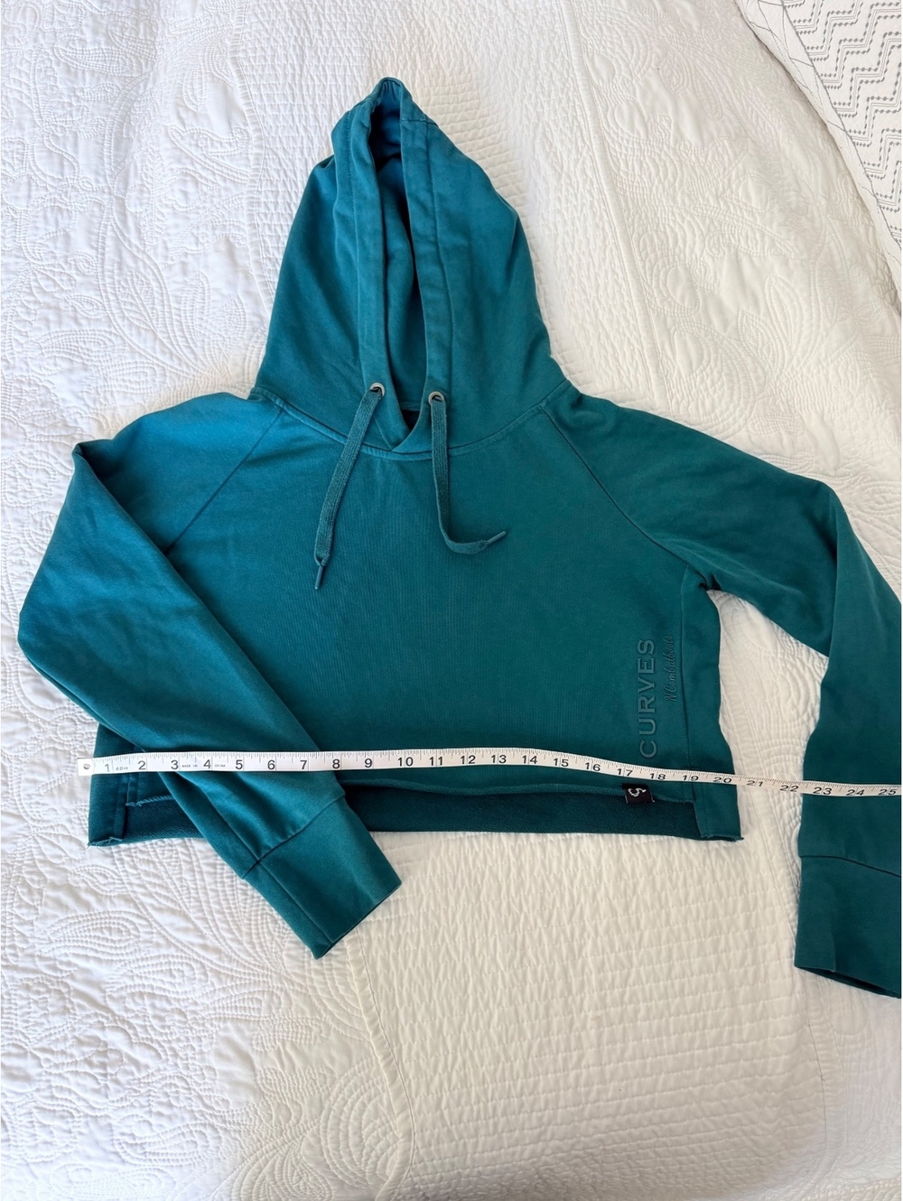 Curves Cropped Hoodie Sweatshirt in Teal Blue, Size Small